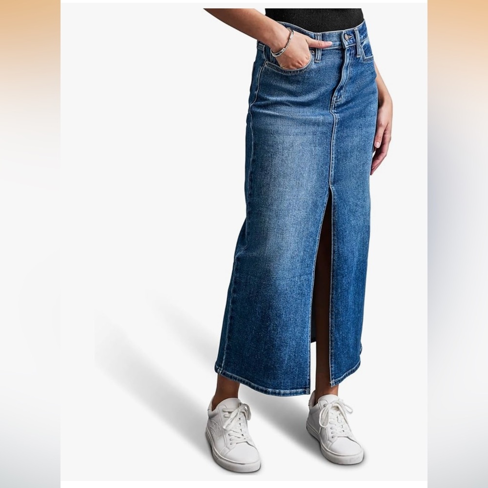 DKNY Classic High-Rise Blue Denim Maxi Skirt